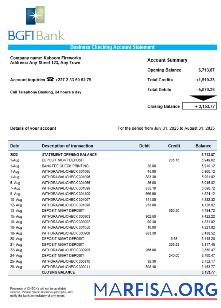 Printable BGFI business bank statement Word and PDF format sample